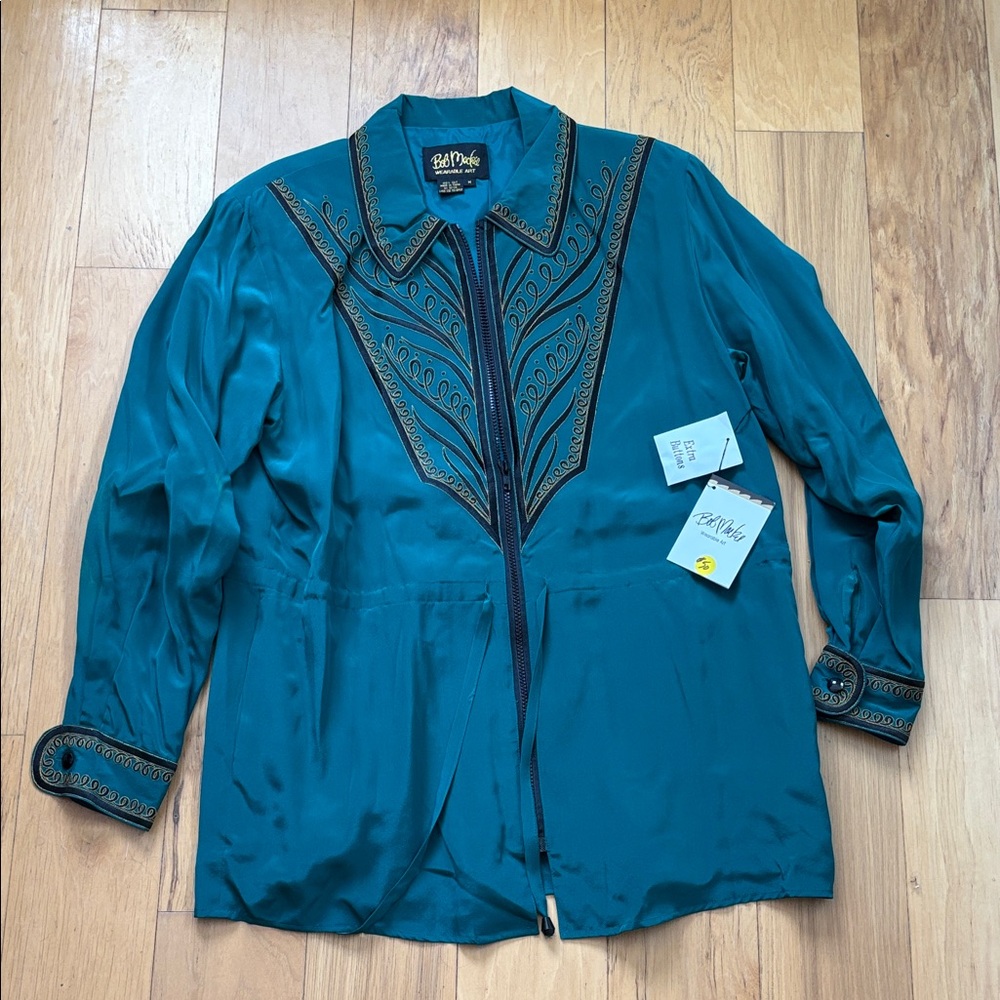 Bob Mackie wearable art teal green silk jacket size medium new with tags.